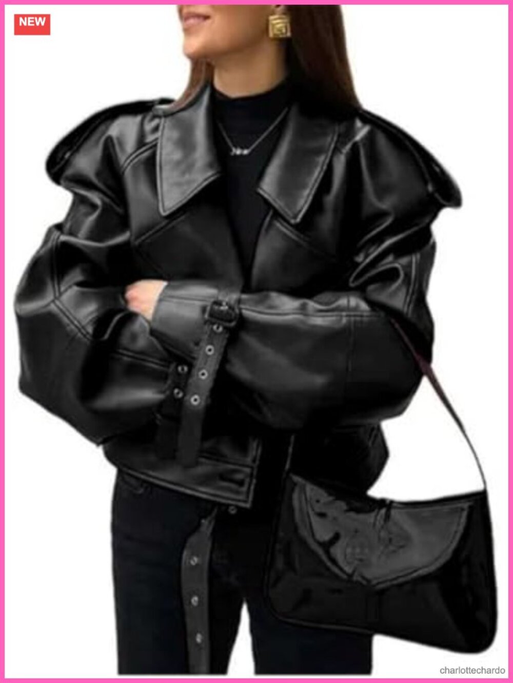Women's PU Leather Moto Biker Jacket Oversized Long Sleeve Casual Coat
